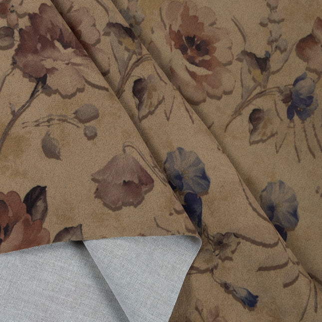 Dusty Rose and Brown Colour Floral and Leaves Pattern Velvet Curtain Fabric printed