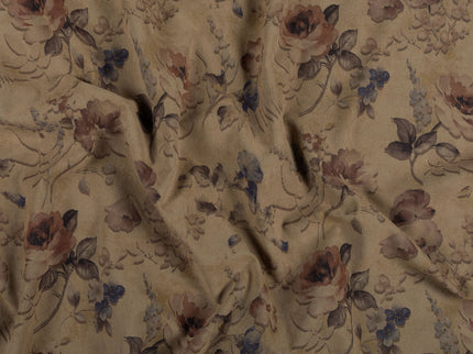 Dusty Rose and Brown Colour Floral and Leaves Pattern Velvet Curtain Fabric printed