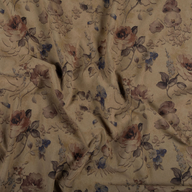 Dusty Rose and Brown Colour Floral and Leaves Pattern Velvet Curtain Fabric printed