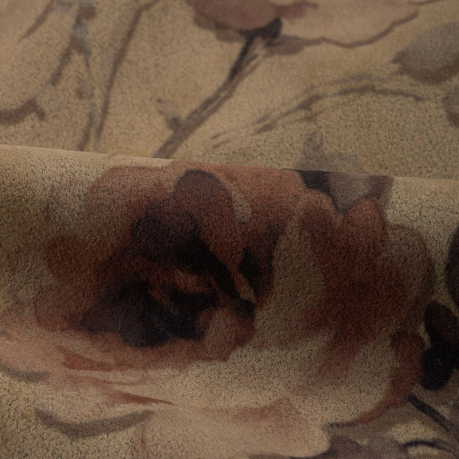 Dusty Rose and Brown Colour Floral and Leaves Pattern Velvet Curtain Fabric printed