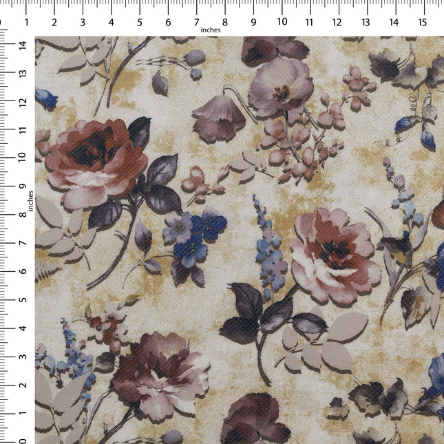 Dusty Rose and Blue Colour Floral and Leaves Pattern Velvet Curtain Fabric printed
