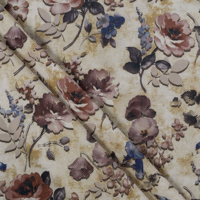 Dusty Rose and Blue Colour Floral and Leaves Pattern Velvet Readymade Curtain
