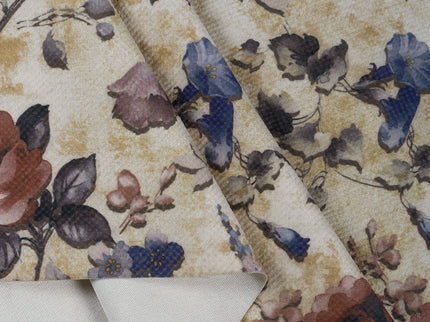 Dusty Rose and Blue Colour Floral and Leaves Pattern Velvet Curtain Fabric printed