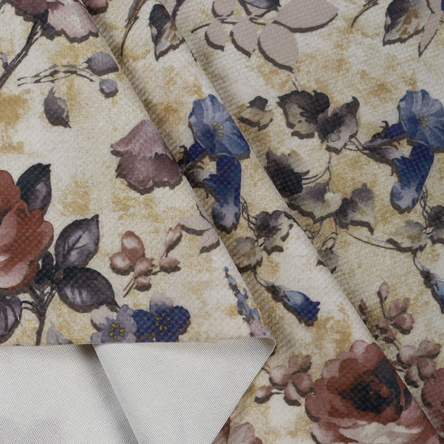 Dusty Rose and Blue Colour Floral and Leaves Pattern Velvet Readymade Curtain