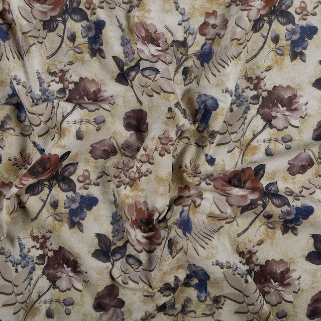 Dusty Rose and Blue Colour Floral and Leaves Pattern Velvet Curtain Fabric printed