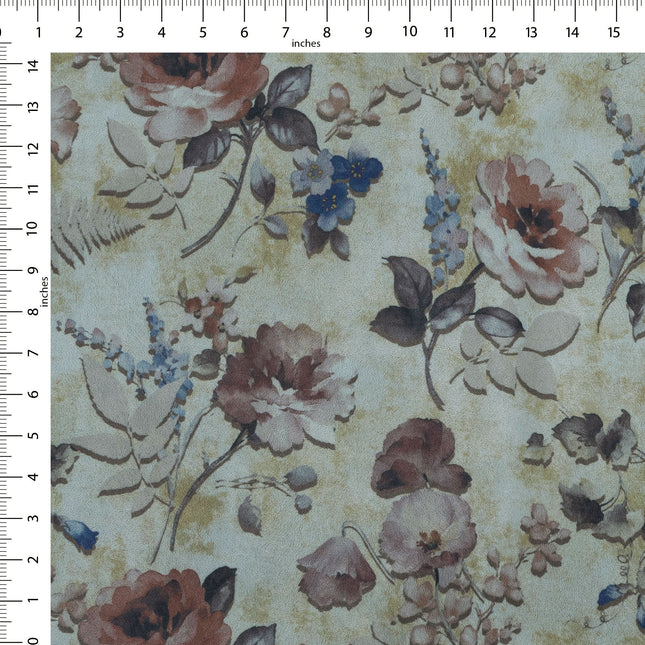 Brown and Soft Olive Colour Floral and Leaves Pattern Velvet Curtain Fabric printed
