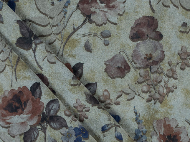 Brown and Soft Olive Colour Floral and Leaves Pattern Velvet Curtain Fabric printed