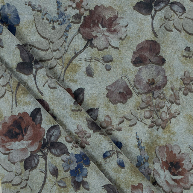 Brown and Soft Olive Colour Floral and Leaves Pattern Velvet Curtain Fabric printed