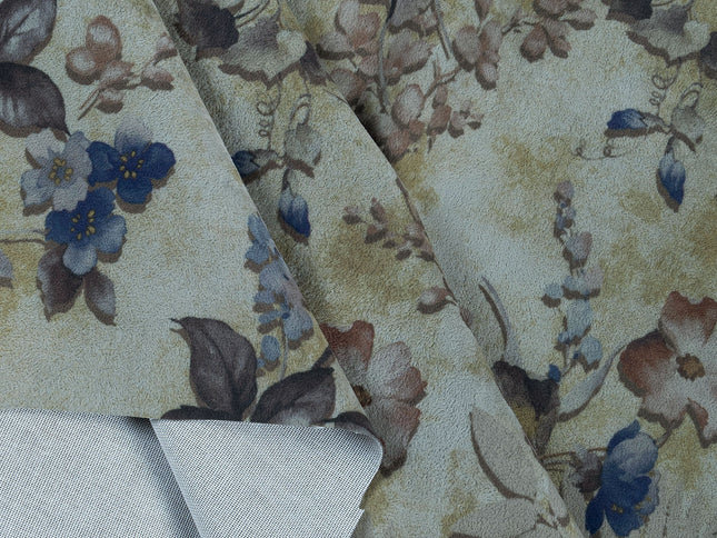 Brown and Soft Olive Colour Floral and Leaves Pattern Velvet Curtain Fabric printed