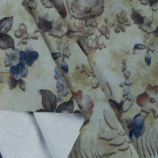 Brown and Soft Olive Colour Floral and Leaves Pattern Velvet Curtain Fabric printed