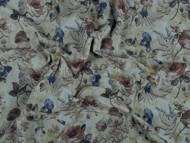 Brown and Soft Olive Colour Floral and Leaves Pattern Velvet Curtain Fabric printed