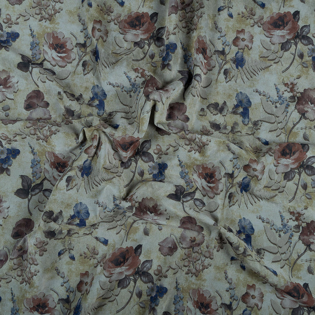 Brown and Soft Olive Colour Floral and Leaves Pattern Velvet Curtain Fabric printed