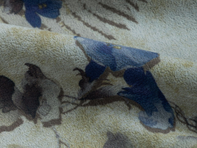 Brown and Soft Olive Colour Floral and Leaves Pattern Velvet Curtain Fabric printed