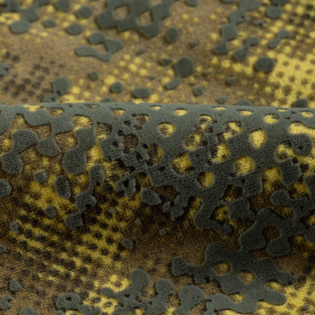 Olive Green and Mustard yellow Colour Textured Velvet Flock Easy Clean Sofa, Chair and Curtain Fabric
