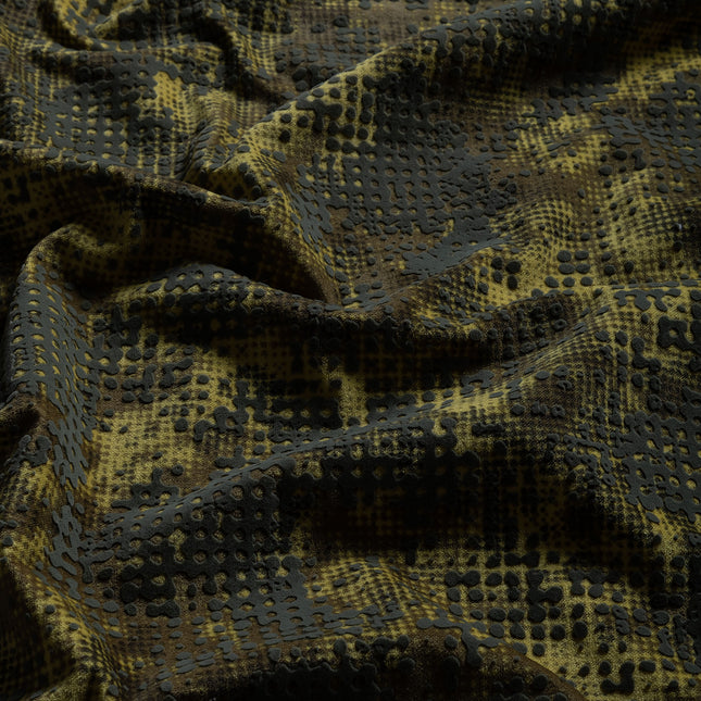 Olive Green and Mustard yellow Colour Textured Velvet Flock Easy Clean Sofa, Chair and Curtain Fabric