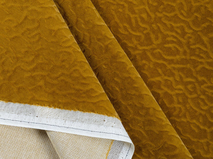 Ochre Dark Yellow Colour Textured Velvet Flock Easy Clean Sofa, Chair and Curtain Fabric