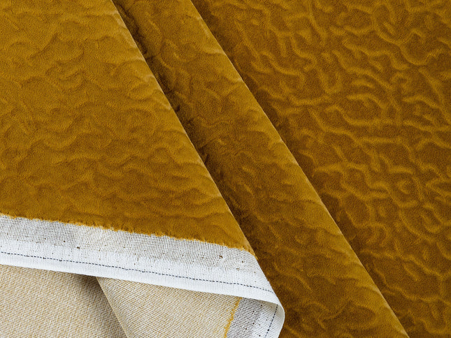 Ochre Dark Yellow Colour Textured Velvet Flock Easy Clean Sofa, Chair and Curtain Fabric