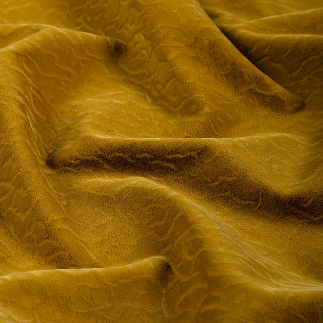 Ochre Dark Yellow Colour Textured Velvet Flock Easy Clean Sofa, Chair and Curtain Fabric