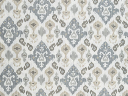 Off-White Colour with Greenish Grey and Taupe Ikat Geometric All Over Print Curtain Fabric