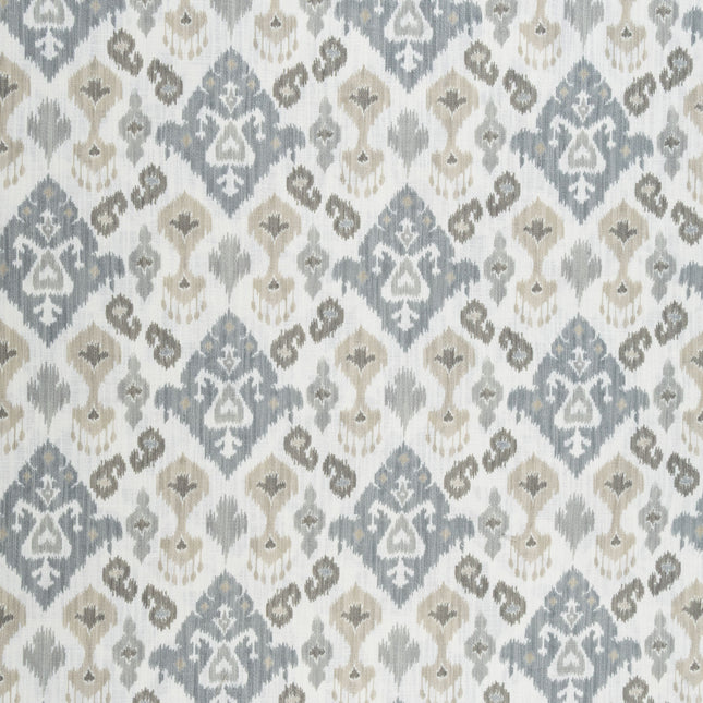 Off-White Colour with Greenish Grey and Taupe Ikat Geometric All Over Print Curtain Fabric
