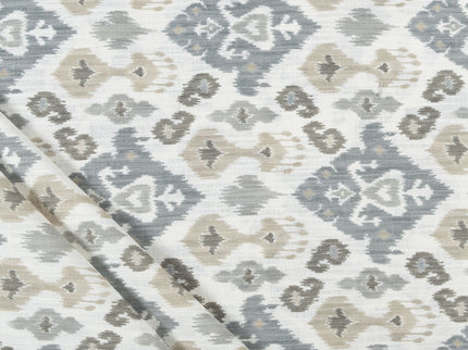 Off-White Colour with Greenish Grey and Taupe Ikat Geometric All Over Print Curtain Fabric