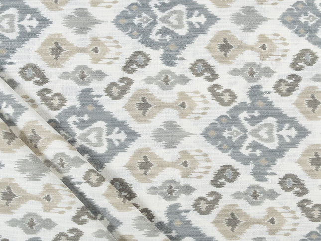 Off-White Colour with Greenish Grey and Taupe Ikat Geometric All Over Print Curtain Fabric