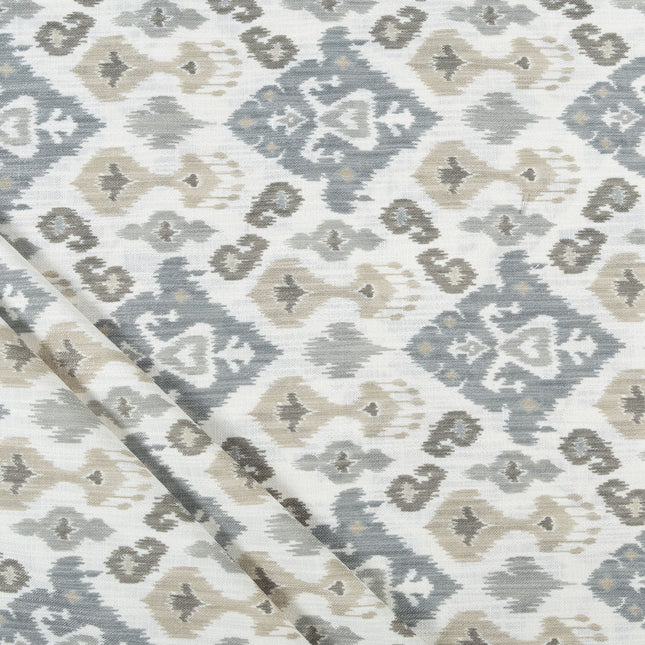 Off-White Colour with Greenish Grey and Taupe Ikat Geometric All Over Print Curtain Fabric