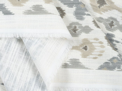 Off-White Colour with Greenish Grey and Taupe Ikat Geometric All Over Print Curtain Fabric