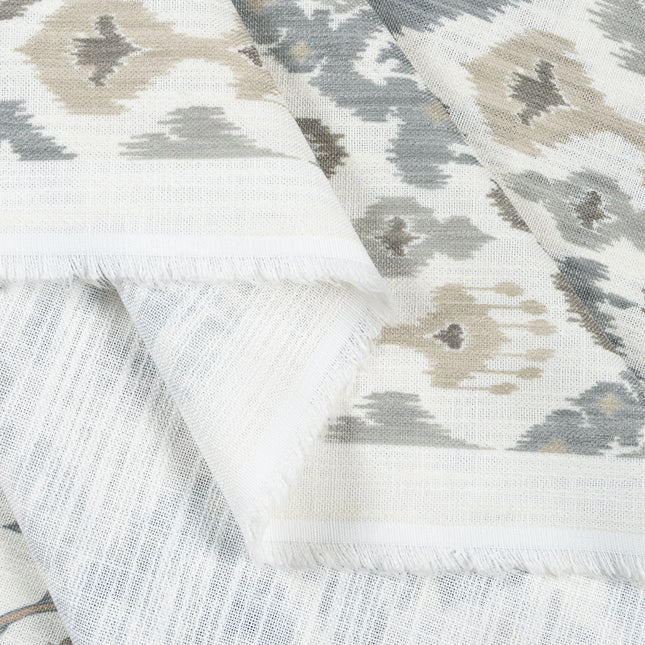 Off-White Colour with Greenish Grey and Taupe Ikat Geometric All Over Print Curtain Fabric