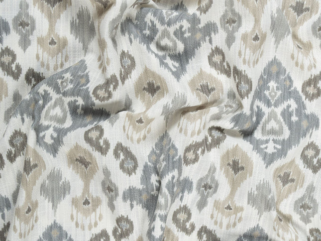 Off-White Colour with Greenish Grey and Taupe Ikat Geometric All Over Print Curtain Fabric