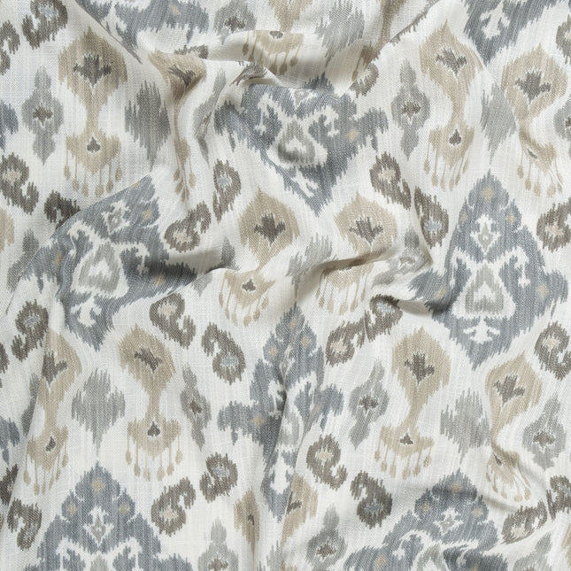 Off-White Colour with Greenish Grey and Taupe Ikat Geometric All Over Print Curtain Fabric