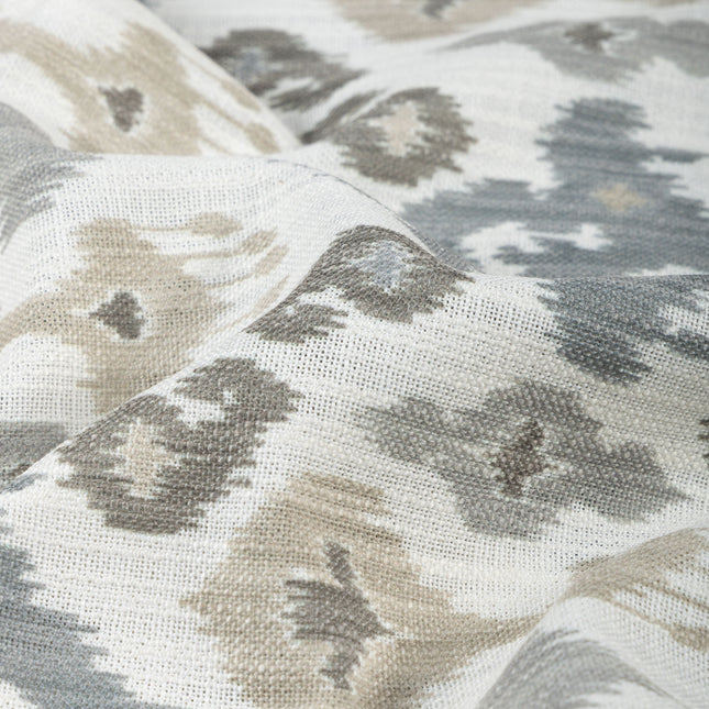 Off-White Colour with Greenish Grey and Taupe Ikat Geometric All Over Print Curtain Fabric
