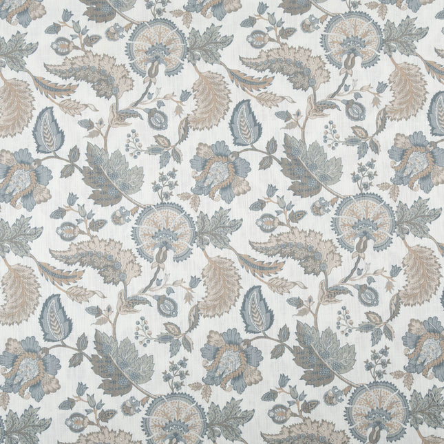 Off-White Colour with Slate Blue and Taupe Vintage Botanical All Over Print Curtain Fabric