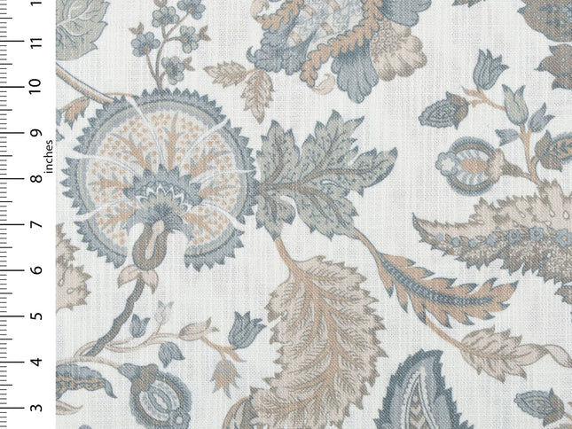 Off-White Colour with Slate Blue and Taupe Vintage Botanical All Over Print Curtain Fabric