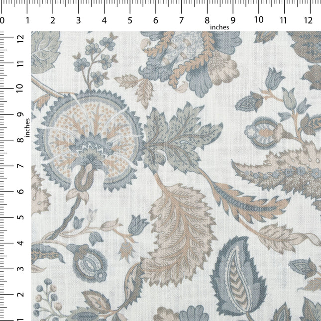 Off-White Colour with Slate Blue and Taupe Vintage Botanical All Over Print Curtain Fabric