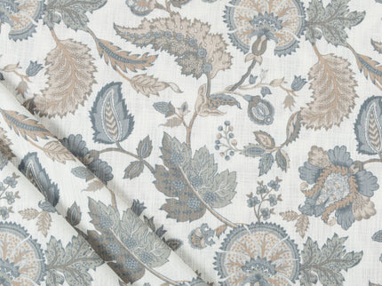 Off-White Colour with Slate Blue and Taupe Vintage Botanical All Over Print Curtain Fabric
