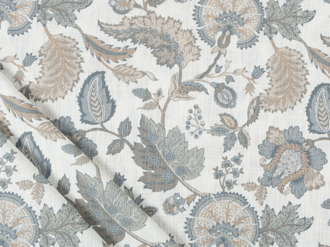 Off-White Colour with Slate Blue and Taupe Vintage Botanical All Over Print Curtain Fabric