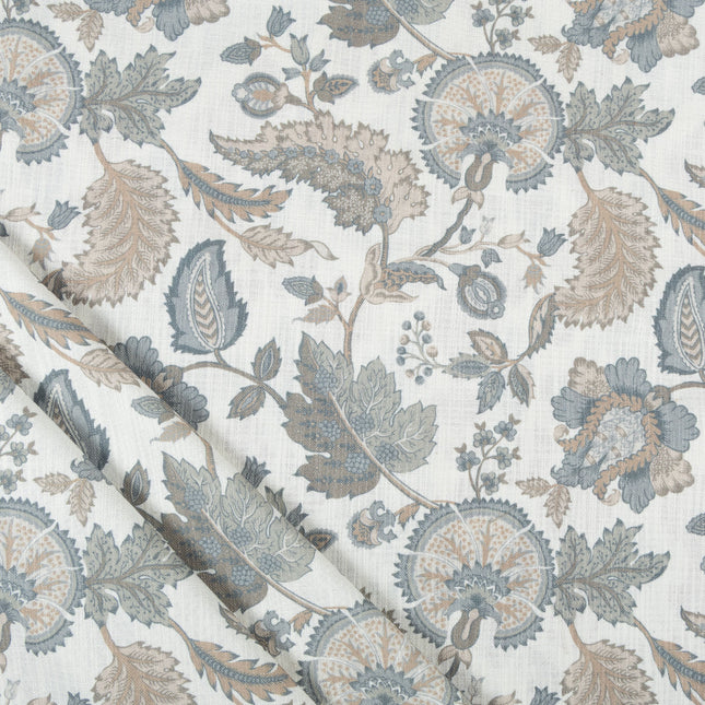 Off-White Colour with Slate Blue and Taupe Vintage Botanical All Over Print Curtain Fabric
