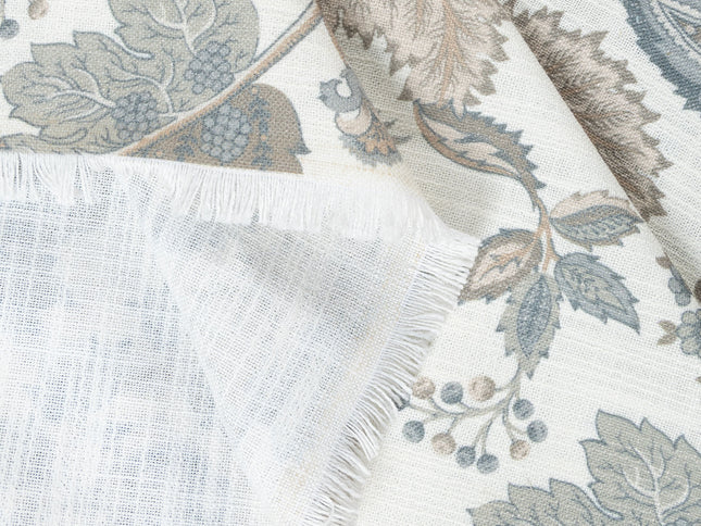 Off-White Colour with Slate Blue and Taupe Vintage Botanical All Over Print Curtain Fabric