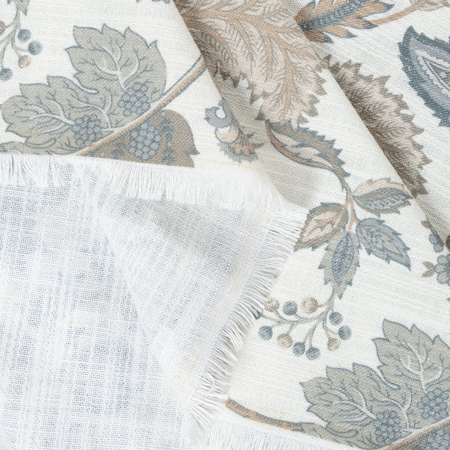 Off-White Colour with Slate Blue and Taupe Vintage Botanical All Over Print Curtain Fabric