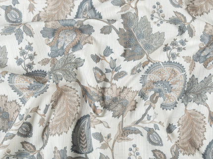 Off-White Colour with Slate Blue and Taupe Vintage Botanical All Over Print Curtain Fabric