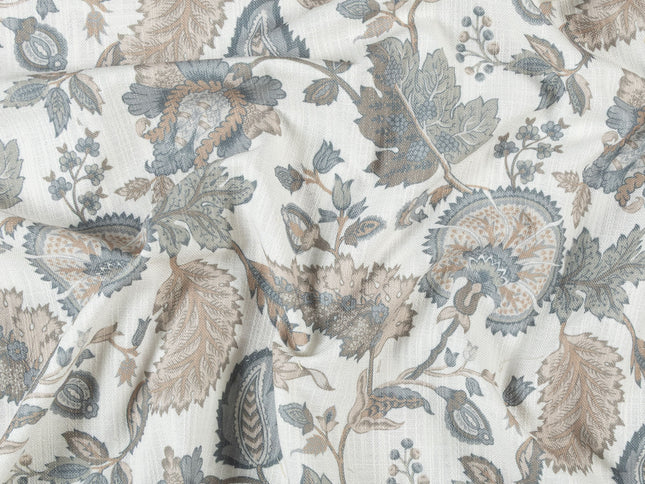 Off-White Colour with Slate Blue and Taupe Vintage Botanical All Over Print Curtain Fabric