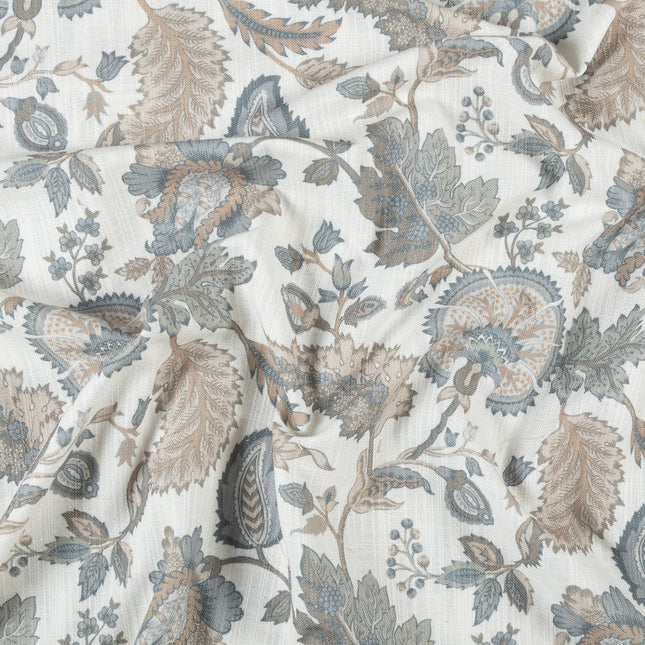 Off-White Colour with Slate Blue and Taupe Vintage Botanical All Over Print Curtain Fabric