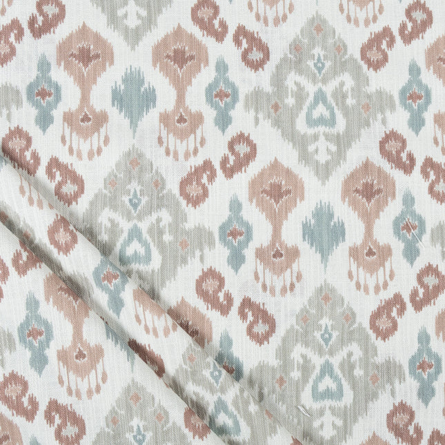 Off-White Colour with Terracotta, Sage Green and Taupe Ikat Geometric All Over Print Curtain Fabric
