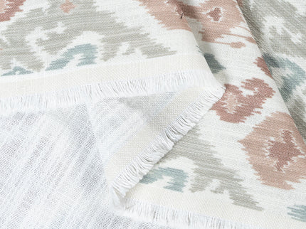 Off-White Colour with Terracotta, Sage Green and Taupe Ikat Geometric All Over Print Curtain Fabric