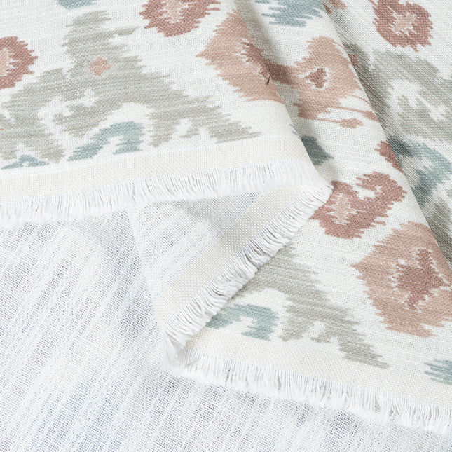 Off-White Colour with Terracotta, Sage Green and Taupe Ikat Geometric All Over Print Curtain Fabric