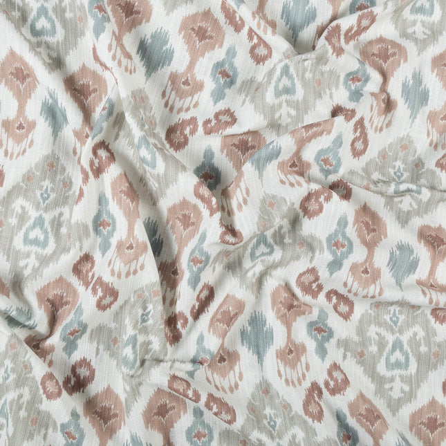 Off-White Colour with Terracotta, Sage Green and Taupe Ikat Geometric All Over Print Curtain Fabric