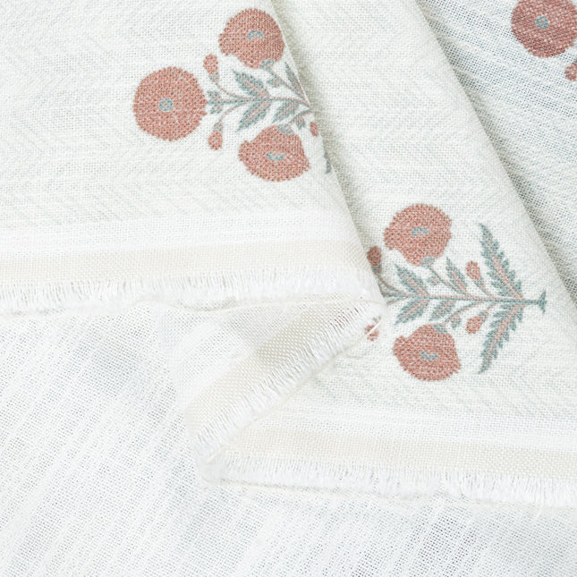 Off-White Colour with Terracotta and Sage Green Floral Motif Scattered Print Curtain Fabric