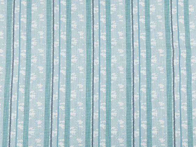 Off-White Colour with Teal and Slate Grey Vertical Stripe Print Curtain Fabric