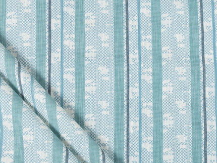 Off-White Colour with Teal and Slate Grey Vertical Stripe Print Curtain Fabric